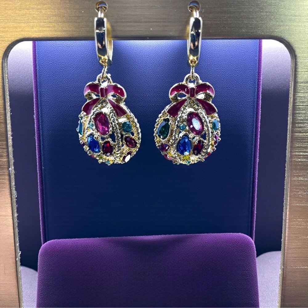 Multicolor Crystal Bow Drop Earrings Gold Statement Glam‎ Vintage Style Jewelry